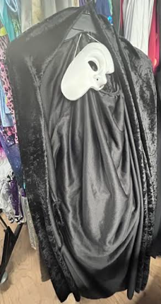 Black velvet hooded cape and white face mask (phantom costume) Black velvet hooded cape and white face mask (phantom costume)